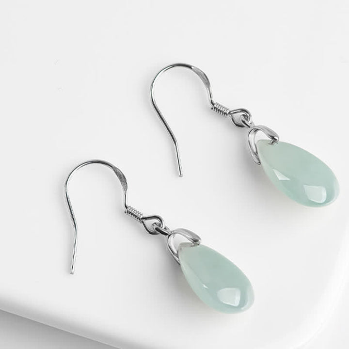 Buddha Stones 925 Sterling Silver Jade Water Drop Pattern Luck Prosperity Dangle Earrings