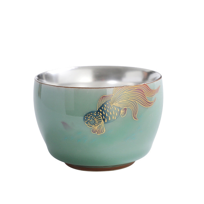 Buddha Stones 999 Sterling Silver Gilding Butterfly Goldfish Lotus Koi Fish Ceramic Teacup Kung Fu Tea Cup 120ml