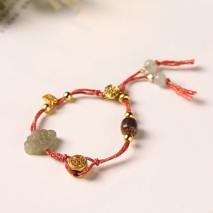 Buddha Stones Handmade Auspicious Clouds Hetian Jade Fu Character Luck Fortune Rope Bracelet