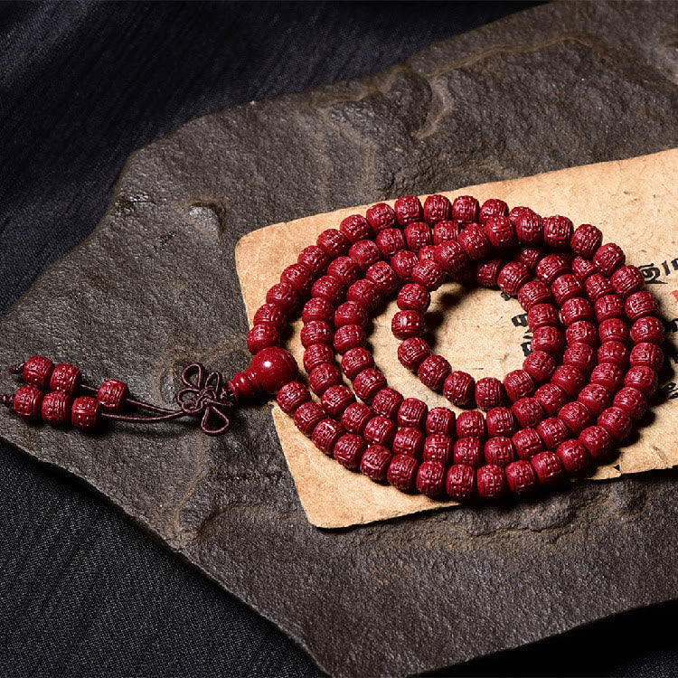 Buddha Stones 108 Mala Beads Cinnabar Om Mani Padme Hum Pattern Engraved Blessing Bracelet