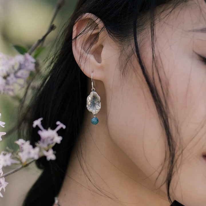 925 Sterling Silver Turquoise Lotus Leaf Protection Drop Dangle Earrings