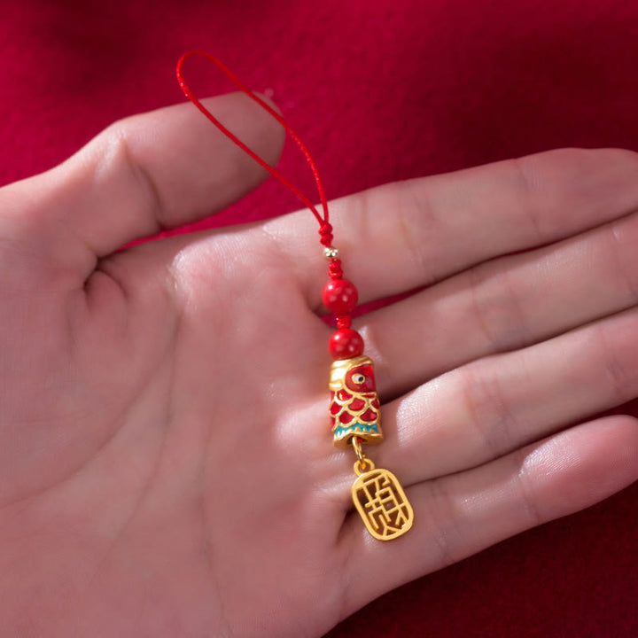 Buddha Stones Koi Fish Cinnabar Attracting Wealth Wish Ruyi Charm Luck Phone Hanging Decoration