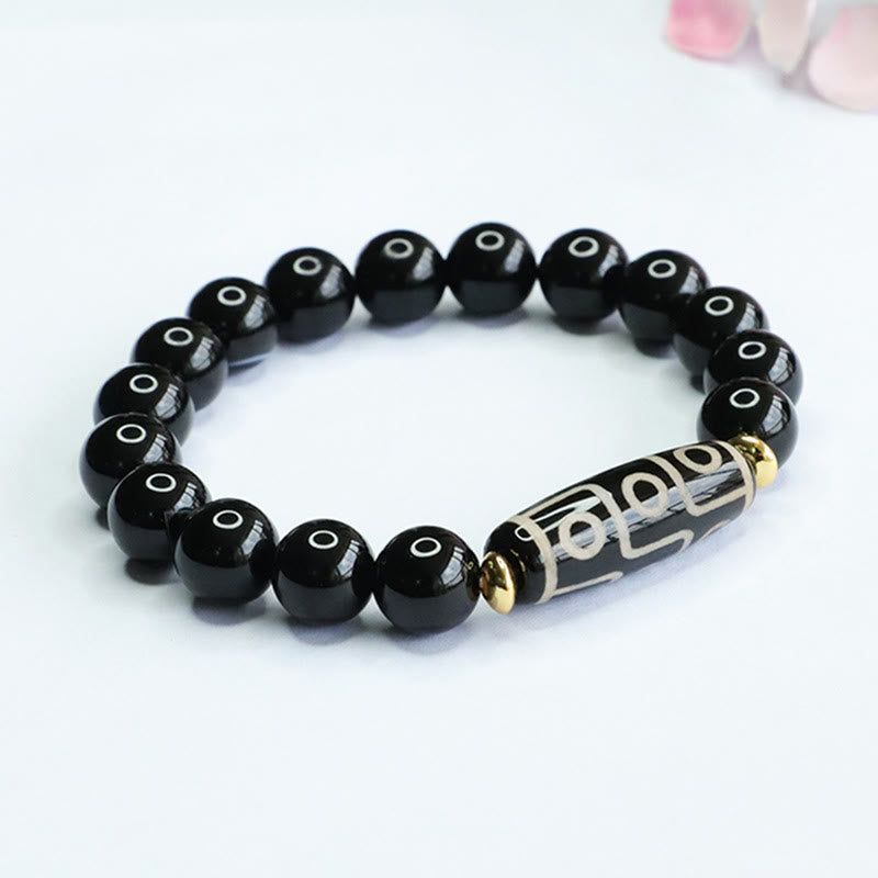 Buddha Stones Tibetan Nine-Eye Dzi Bead Black Onyx Power Bracelet