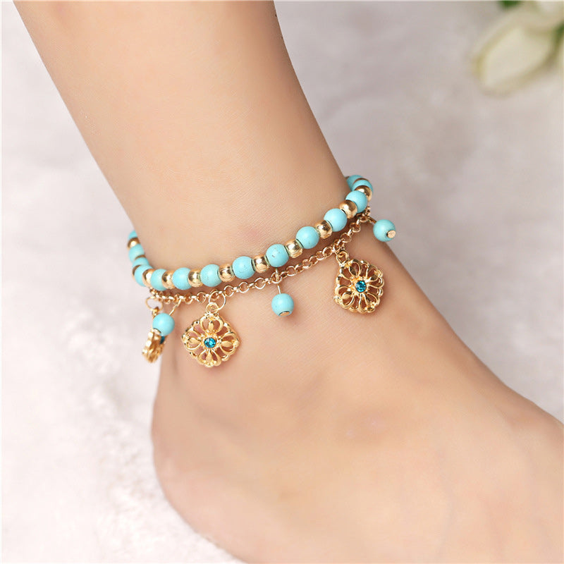 2Pcs Turquoise Stone Flower Protection Bracelet Anklet