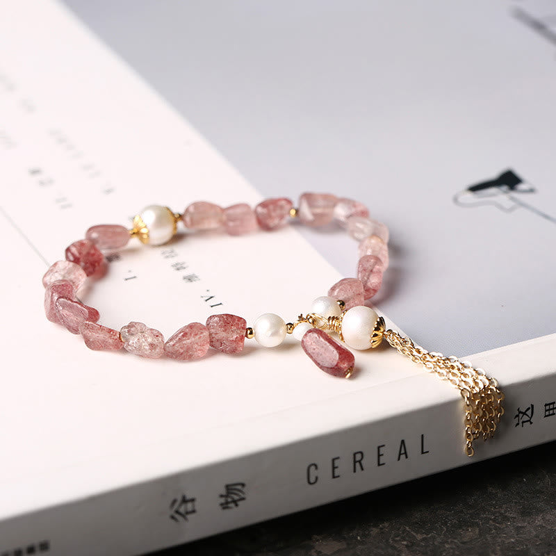 Natural Strawberry Quartz Pearl 14k Gold Plated Love Healing Bracelet