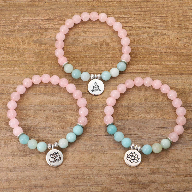 Buddha Stones Natural Pink Crystal Amazonite Lotus Buddha OM Symbol Warmth Bracelet