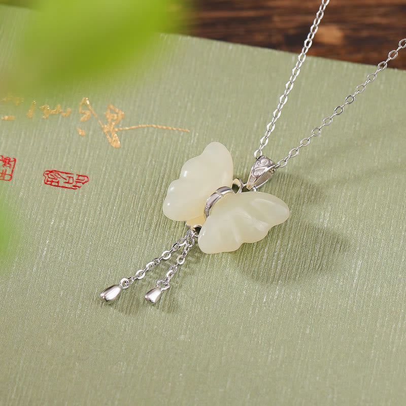 Buddha Stones 925 Sterling Silver Plated Gold Hetian White Jade Butterfly Blessing Necklace Pendant