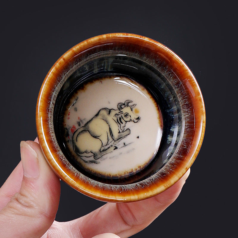 Buddha Stones 12 Chinese Zodiac Pattern Ceramic Teacup Kung Fu Jian Chinese Zhan Tea Cup 73ml