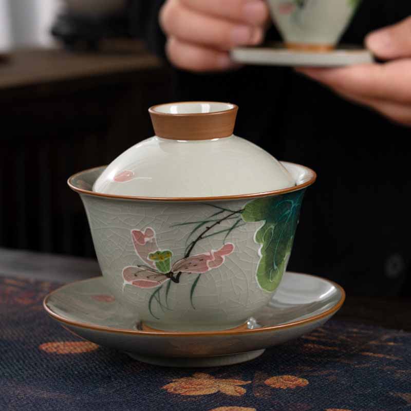 Buddha Stones Lotus Koi Fish Pod Leaf Ceramic Gaiwan Sancai Teacup Kung Fu Tea Cup And Saucer With Lid 140ml