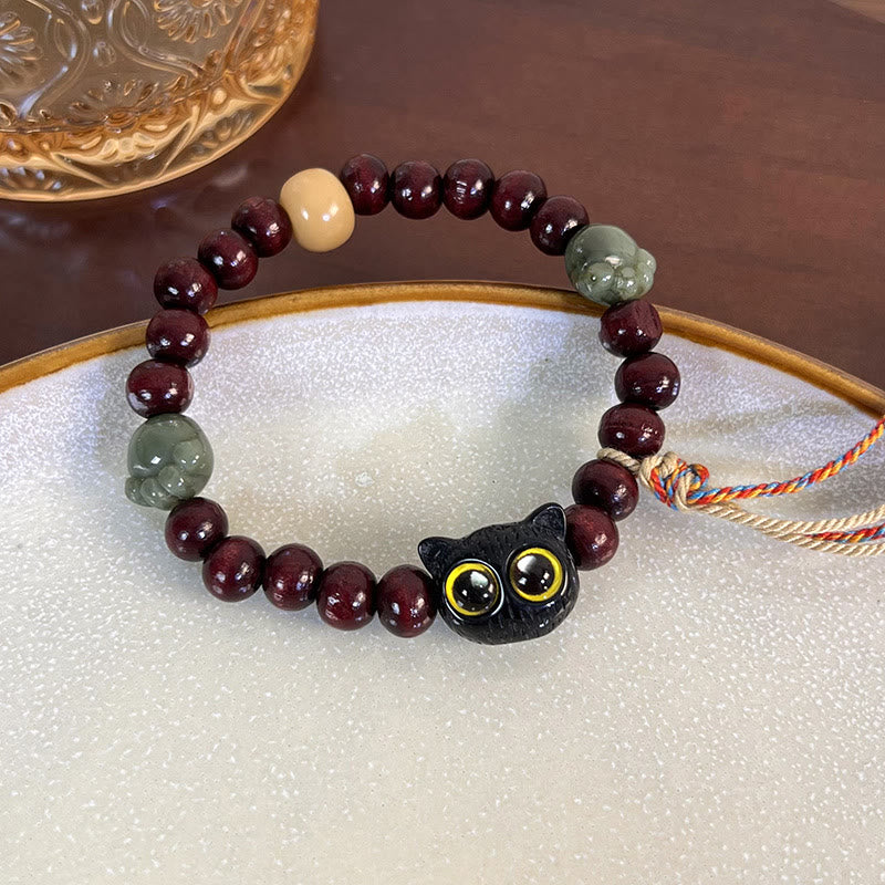 Buddha Stones Ebony Wood Lovely Cat Jade Paw Peace Tassel Wood Bracelet