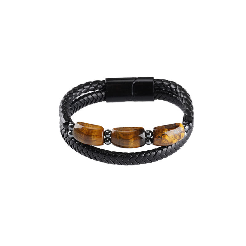 Buddha Stones Natural Tiger Eye Protection Willpower Magnetic Buckle Leather Bracelet