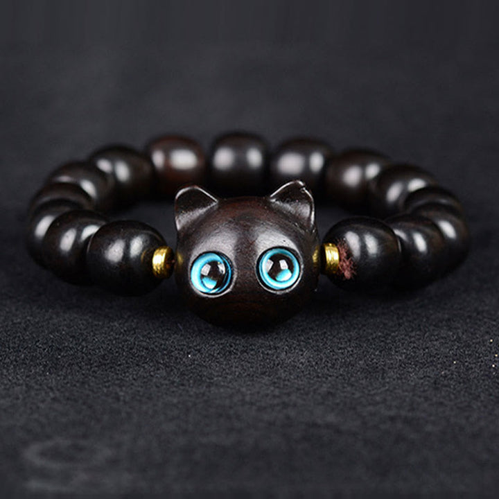 Buddha Stones Ebony Wood Green Sandalwood Red Sandalwood Lovely Cat Balance Bracelet