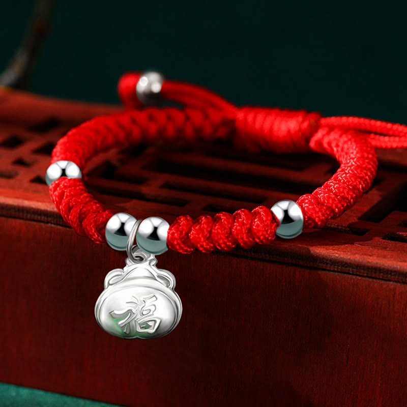 Buddha Stones 925 Sterling Silver Handmade Fu Character Lucky Money Bag Chinese Lock Charm Bell Lotus Copper Coin King Kong Knot Braided Kids Bracelet