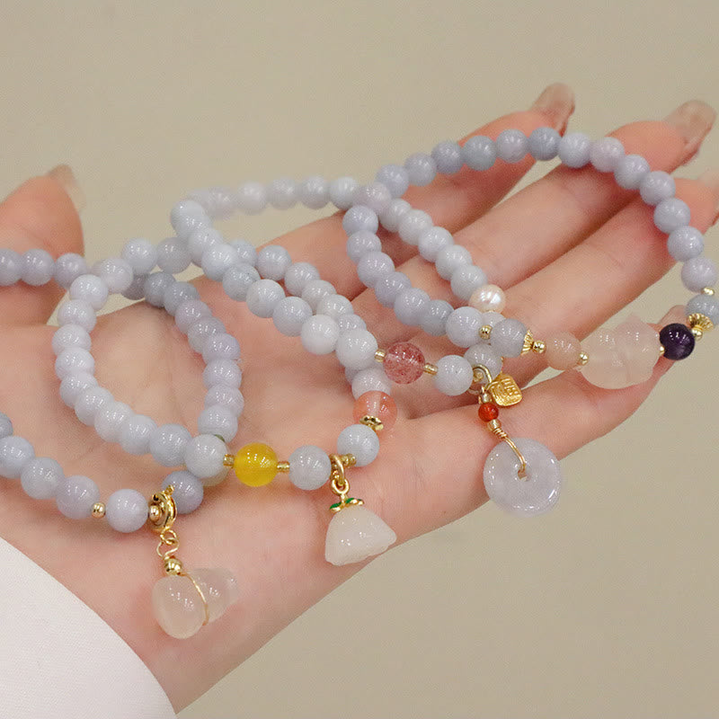 Buddha Stones Natural Aquamarine Chalcedony Serenity Rabbit Gourd Cat Charm Bracelet