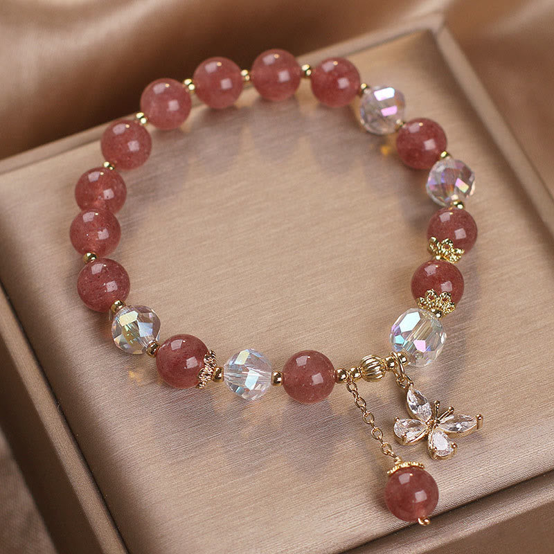 Buddha Stones Natural Strawberry Quartz Love Healing Butterfly Charm Bracelet