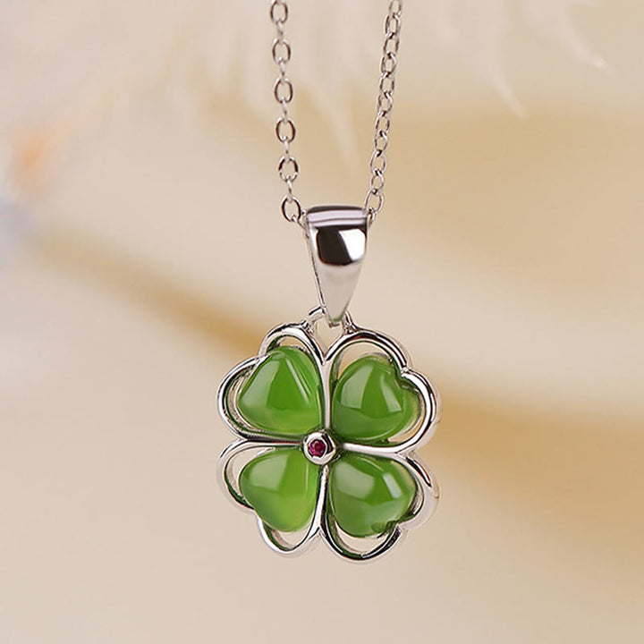 Buddha Stones 925 Sterling Silver Hetian Cyan Jade Lucky Four Leaf Clover Healing Necklace Pendant