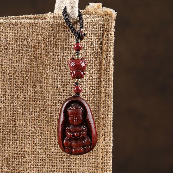 Buddha Stones Small Leaf Red Sandalwood Buddha Cinnabar Chinese Zodiac Amulet Protection Key Chain