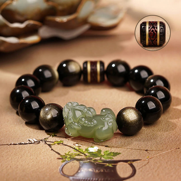 Buddha Stones Natural Gold Sheen Obsidian Hetian Cyan Jade White Jade PiXiu Wealth Bracelet