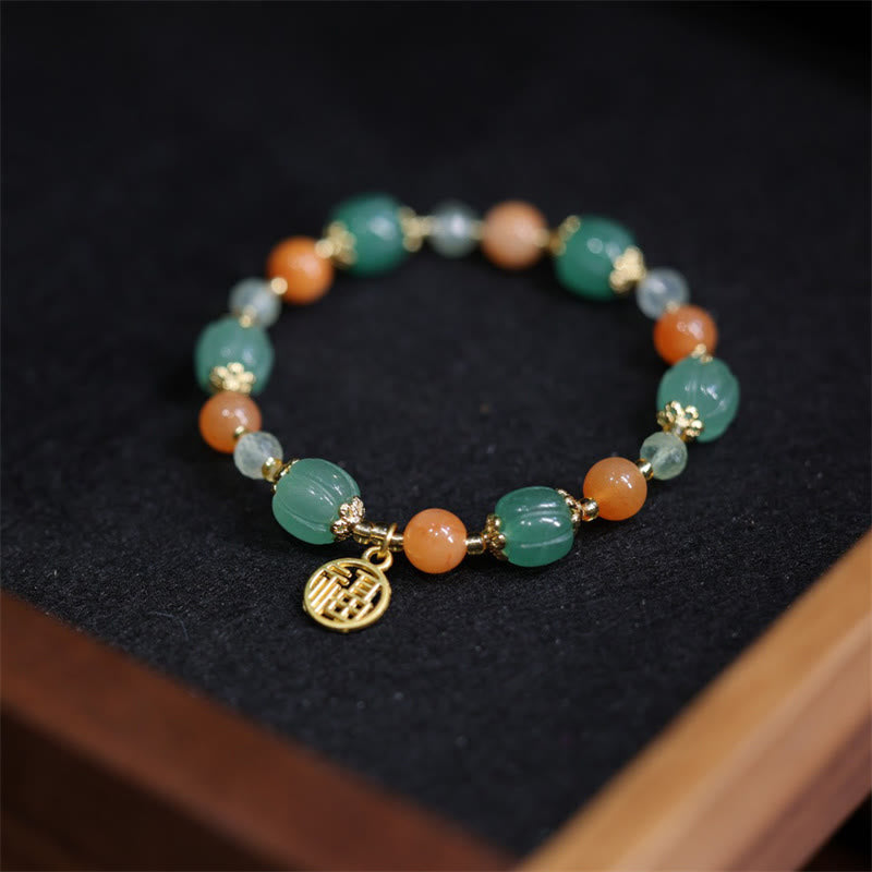 Buddha Stones Natural Golden Silk Jade Pumpkin Bead Fu Character Charm Wealth Bracelet