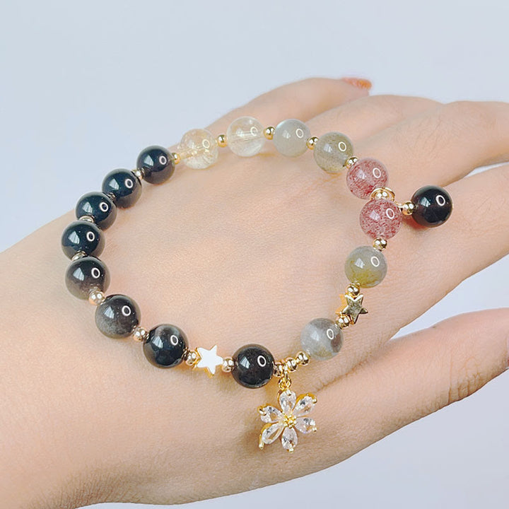 Buddha Stones Natural Silver Sheen Obsidian Love Heart Star Flower Protection Bracelet