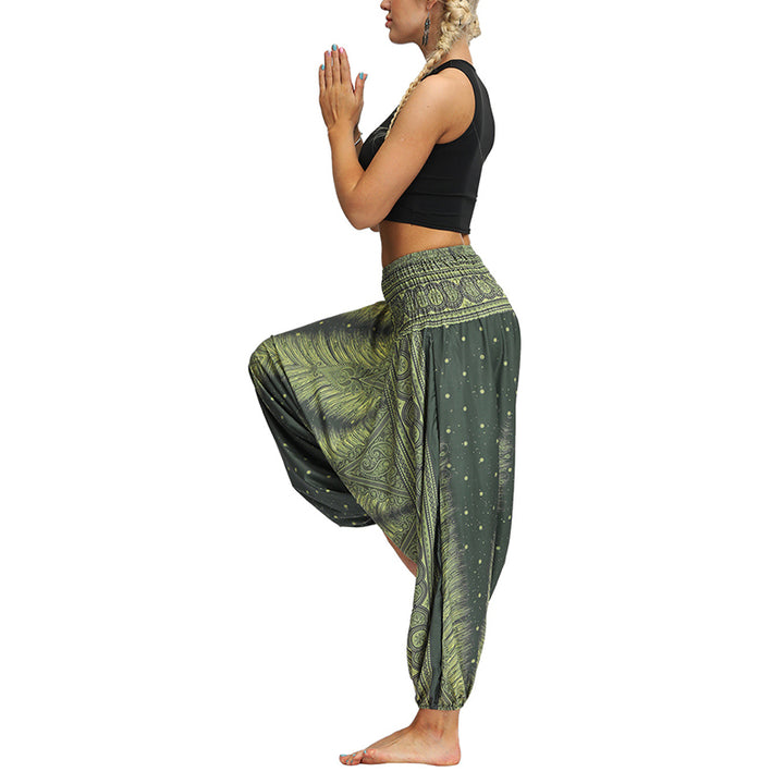 Buddha Stones Boho Feather Yoga Pants Hippie Harem Trousers Sports Fitness Dance Women's Pants