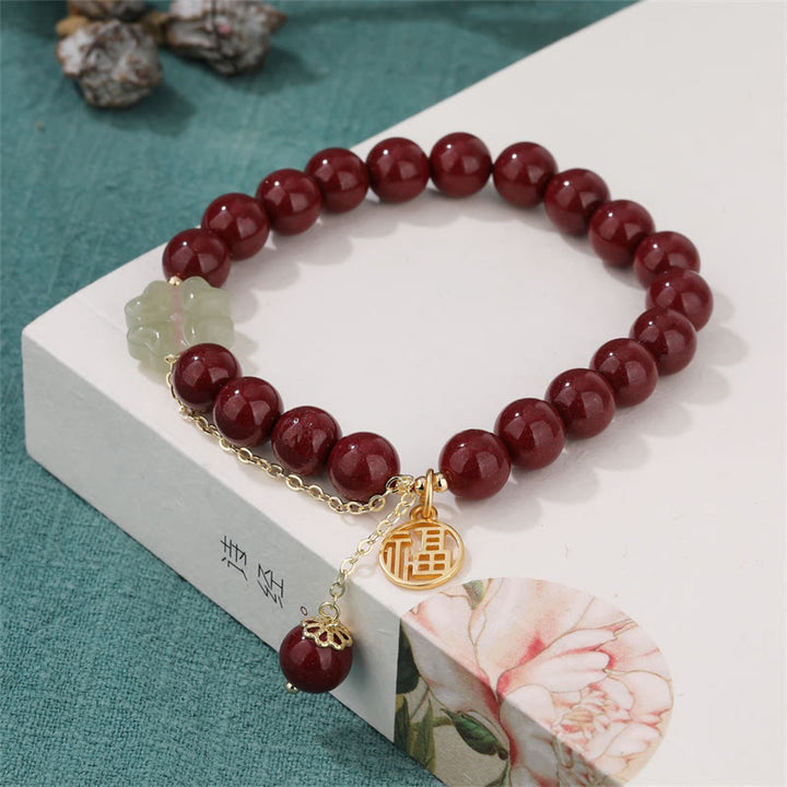 Buddha Stones Cinnabar Fu Character Hetian Jade Lucky Four Leaf Clover Blessing Bracelet