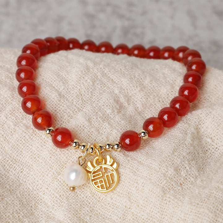 Buddha Stones Year of the Dragon Red Agate Jade Peace Buckle Fu Character Success Bracelet