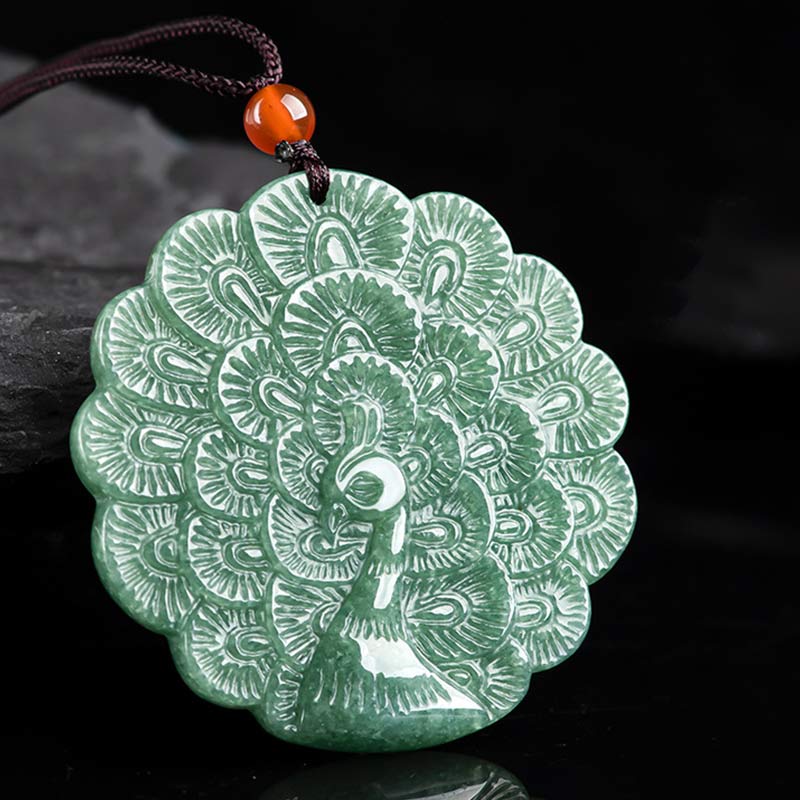 Natural Jade Peacock Luck Prosperity Necklace Pendant