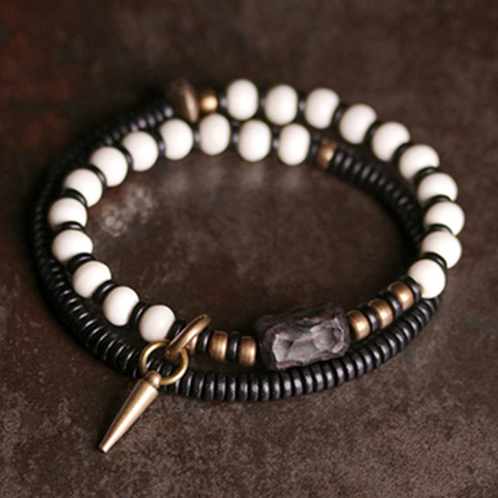 Buddha Stones Yak Bone Ebony Wood Copper Strength Couple Bracelet