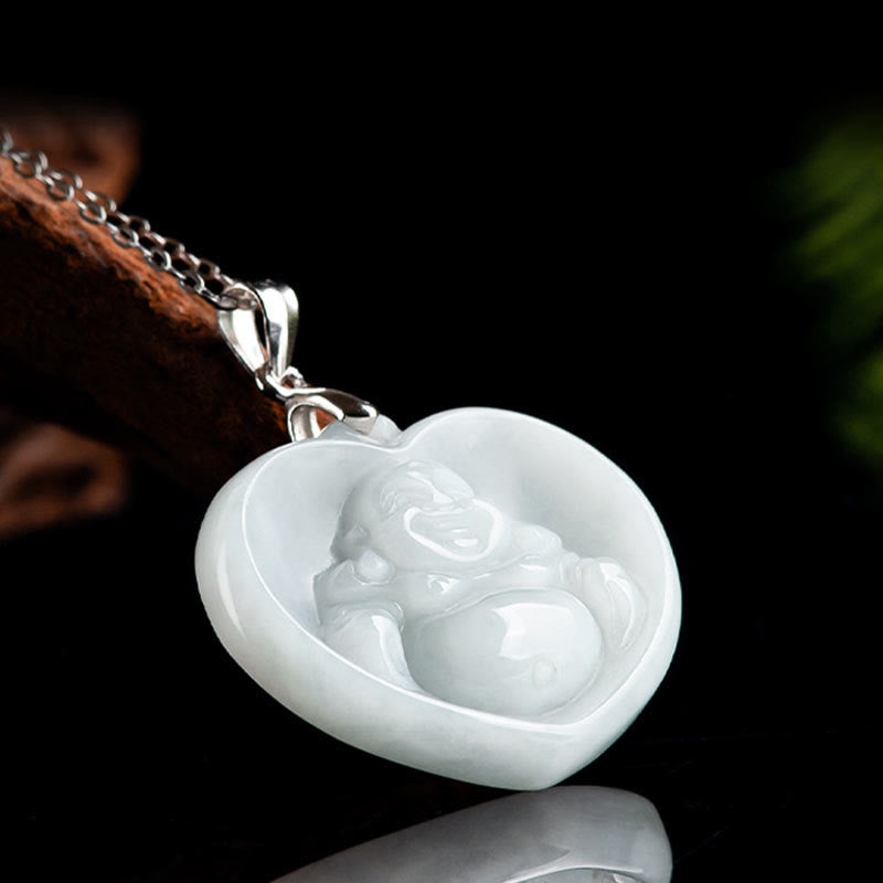 Buddha Stones 925 Sterling Silver Laughing Buddha White Jade Luck Blessing Necklace Pendant