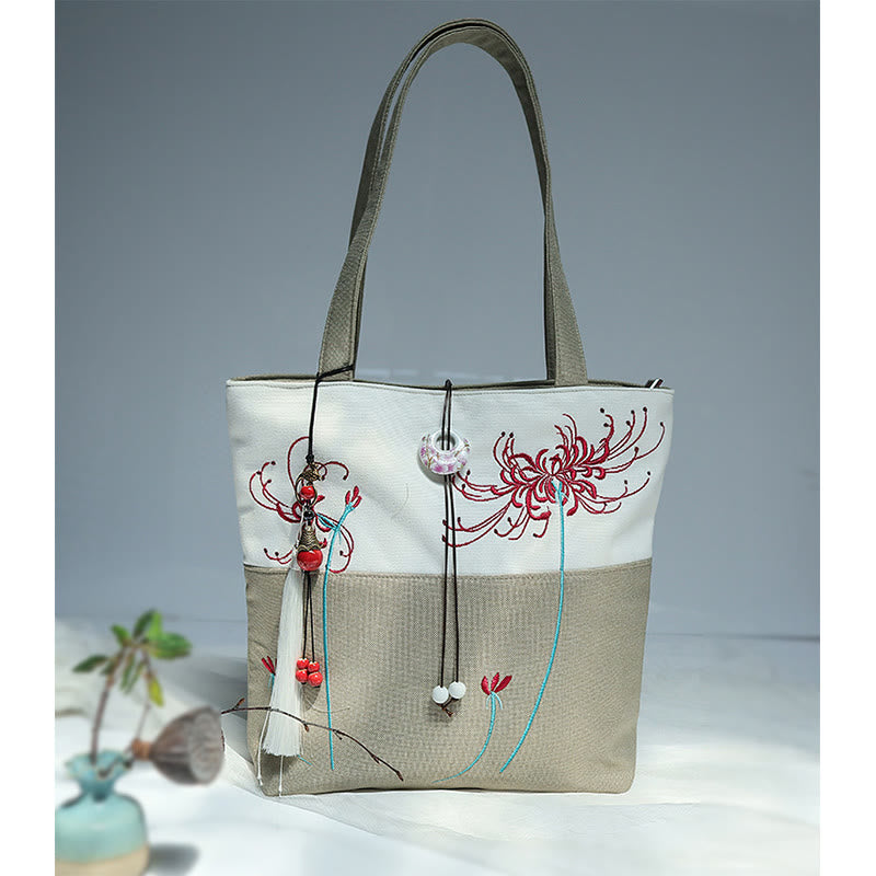 Pear Flower Plum Peach Blossom Bamboo Embroidery Canvas Large Capacity Shoulder Bag Tote Bag