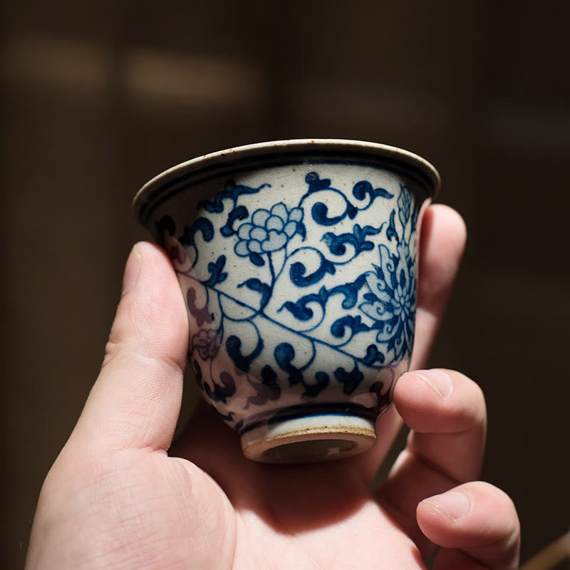 Buddha Stones Jingdezhen Blue and White Porcelain Hand Painted Lotus Plum Blossom Ceramic Teacup Kung Fu Tea Cups