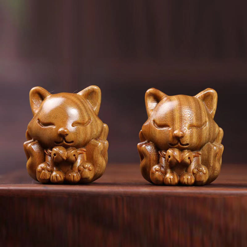 Buddha Stones Mini Nine-Tailed Fox Ivory Fruit Sandalwood Green Sandalwood Blessing Decoration