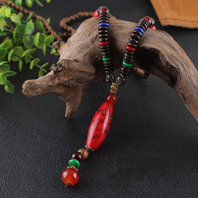 Buddha Stones Wenge Wood Turquoise Stone Protection Calm Necklace Pendant