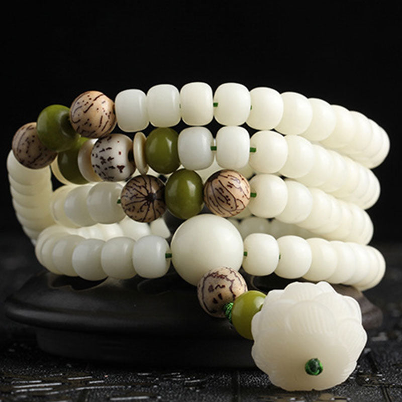 Buddha Stones White Jade Bodhi Lotus Mala Harmony Necklace Bracelet