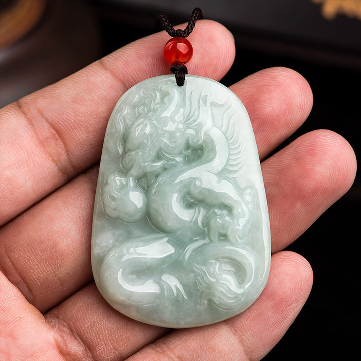 Buddha Stones Chinese Zodiac Flying Dragon Jade Protection Necklace String Pendant