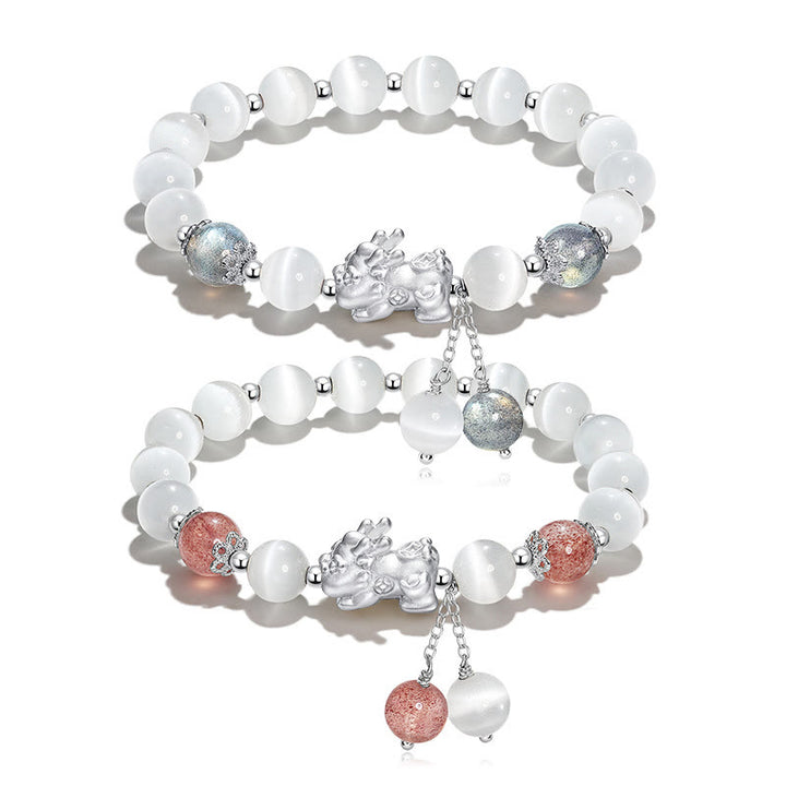 Buddha Stones Natural Cat's Eye Moonstone Strawberry Quartz PiXiu Support Bracelet