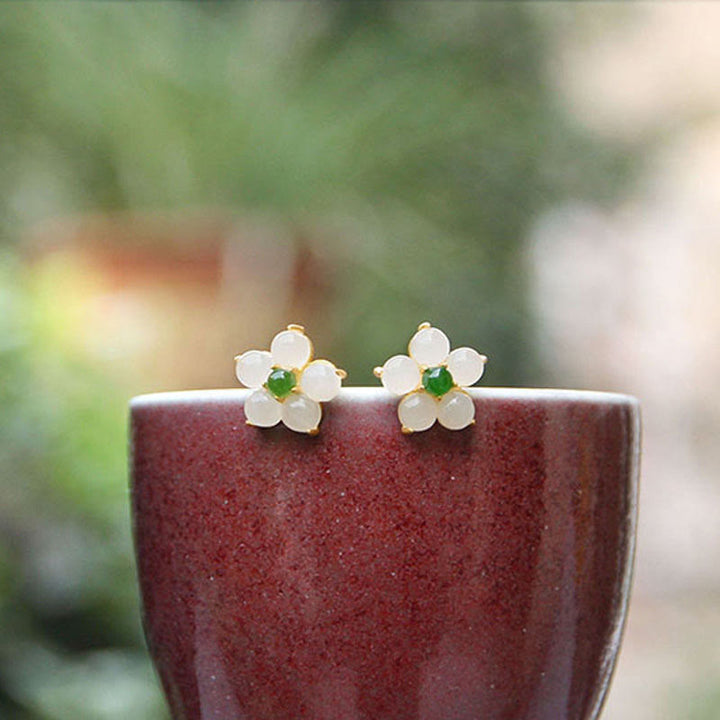 Buddha Stones White Jade Flower Luck Blessing Stud Earrings