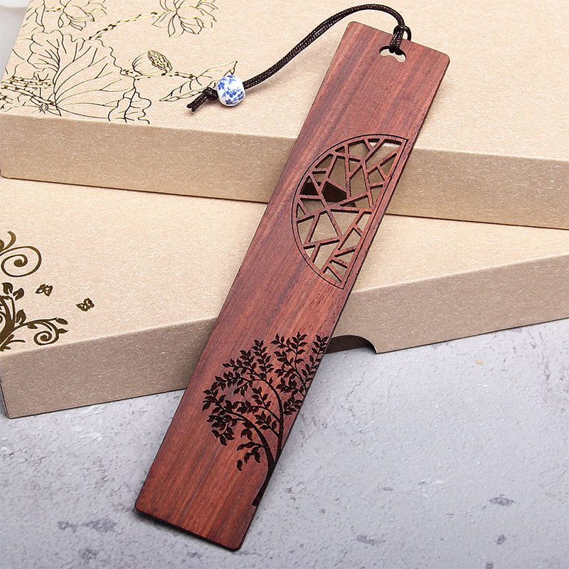 Buddha Stones The Tree of Life Ebony Wood Small Leaf Red Sandalwood Bookmarks With Gift Box