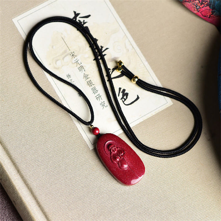 Buddha Stones Laughing Buddha Yin Yang Chinese Zodiac Gourd Natural Cinnabar Blessing Necklace Pendant