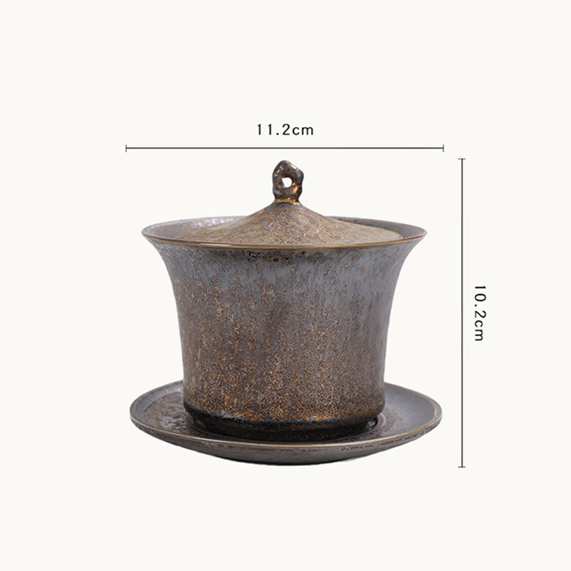 Buddha Stones Retro Rust Glaze Ceramic Gaiwan Sancai Teacup Kung Fu Tea Cup And Saucer With Lid