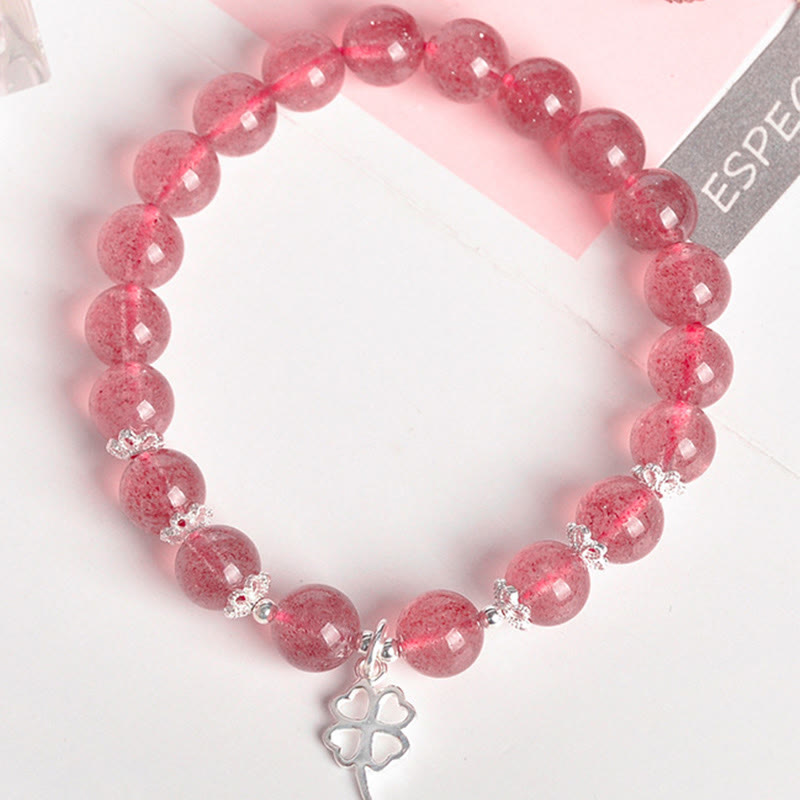 Buddha Stones 925 Sterling Silver Strawberry Quartz Four Leaf Clover Love Bracelet