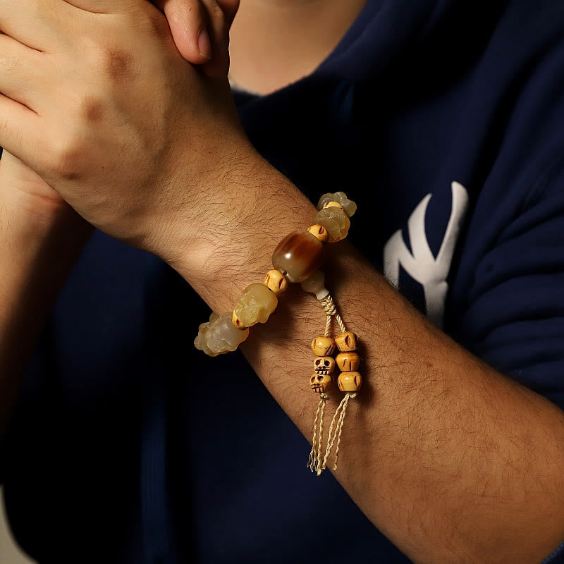 Buddha Stones Handmade Tibetan Sheep Horn Skull The Lord of the Corpse Forest Yak Bone Engraved Luck Bracelet