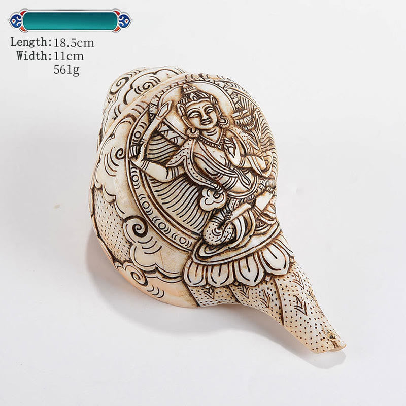 Tibetan Handmade Engraved Shankha Buddha Avalokitesvara Conch Shell Wealth Decoration