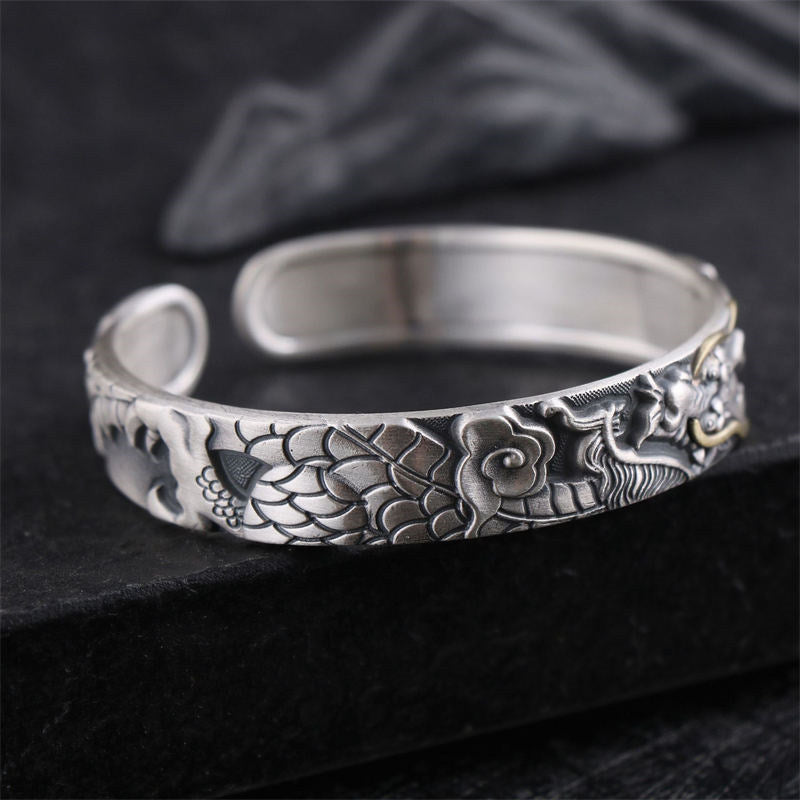 Buddha Stones 999 Sterling Silver Dragon Strength Protection Bracelet Bangle