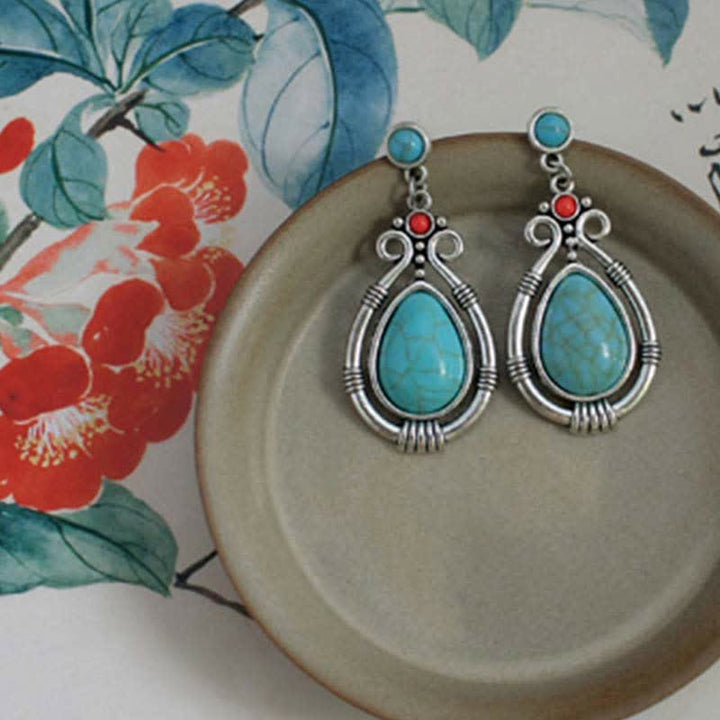 Tibet Vintage Turquoise Waterdrop Strength Drop Dangle Earrings Clips