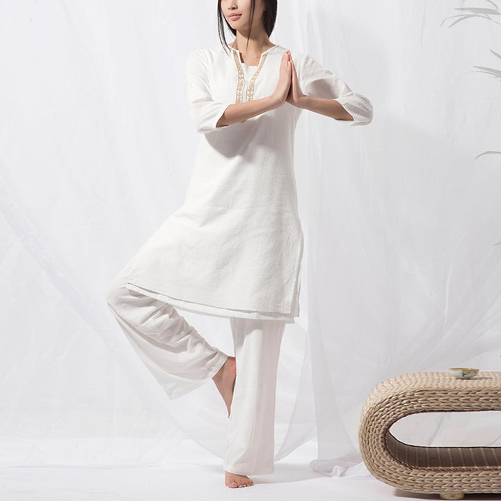 Buddha Stones 2Pcs Tai Chi Meditation Yoga Cotton Clothing Top Pants Women's Set