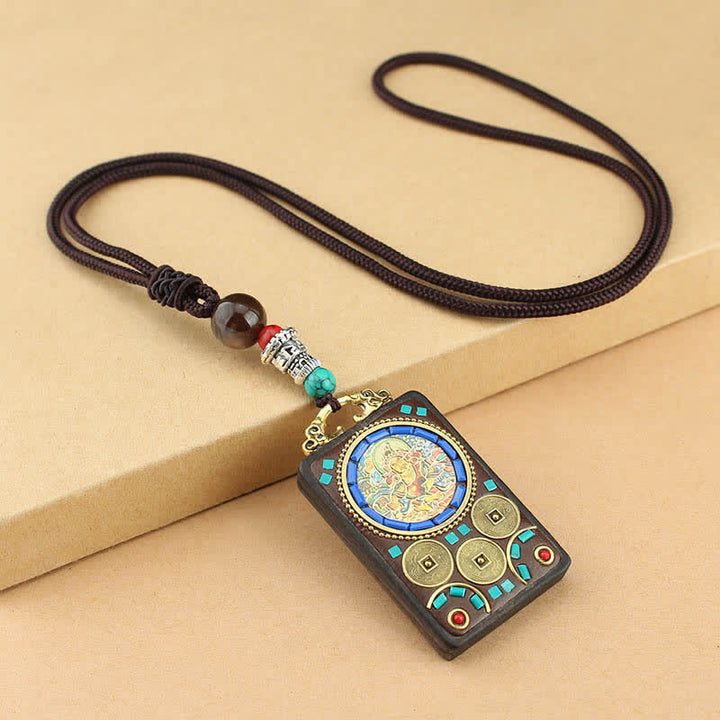 Buddha Stones Tibet God of Wealth Thangka Ebony Peace Necklace Pendant