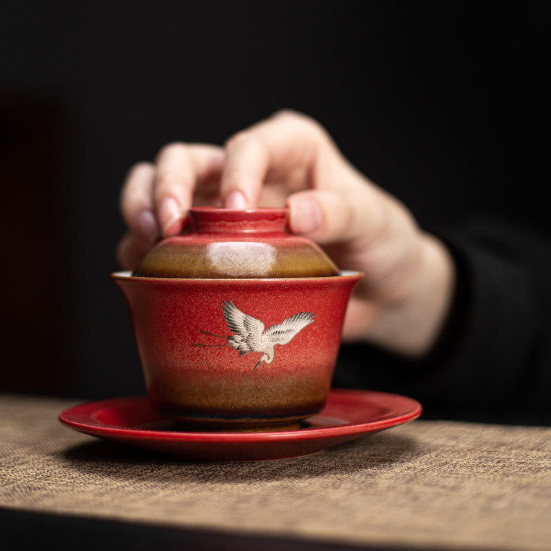 Buddha Stones Red Auspicious Crane Ceramic Gaiwan Sancai Teacup Kung Fu Tea Cup And Saucer With Lid