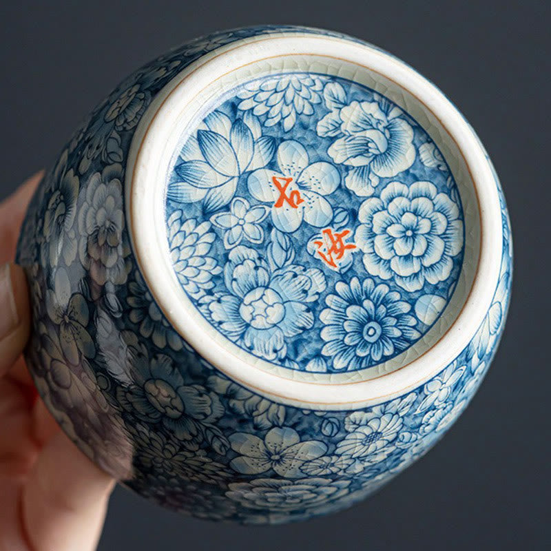 Buddha Stones Blue Lotus Peach Blossom Chrysanthemum Design Ceramic Teacup Kung Fu Tea Cups